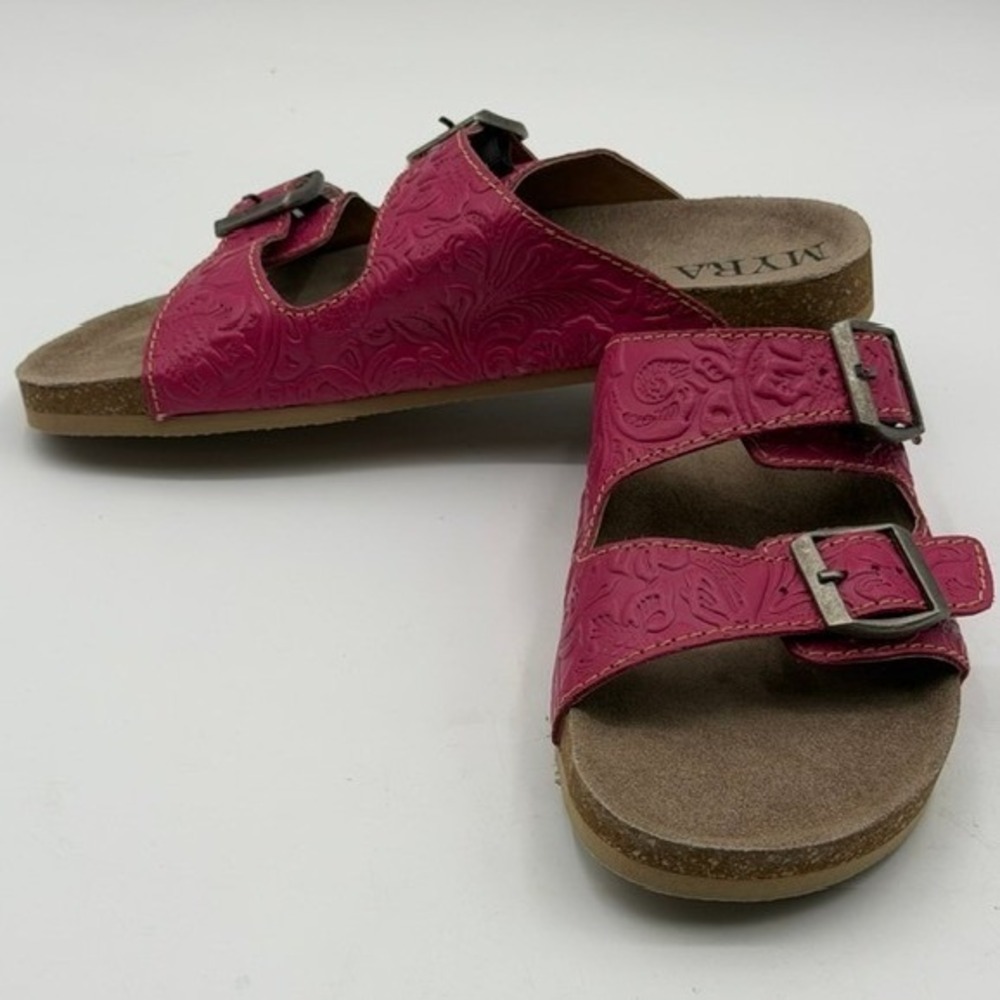 Myra Pink Floral Tooled Leather Slide Sandals EM-5240 P Womens 11 Western Boho